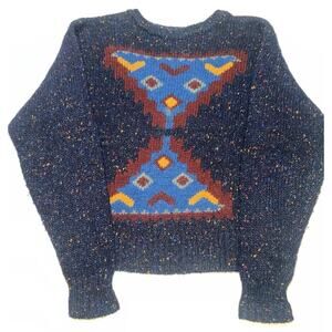 Geometric Rainbow Speckled Navy Blue Wool Sweater